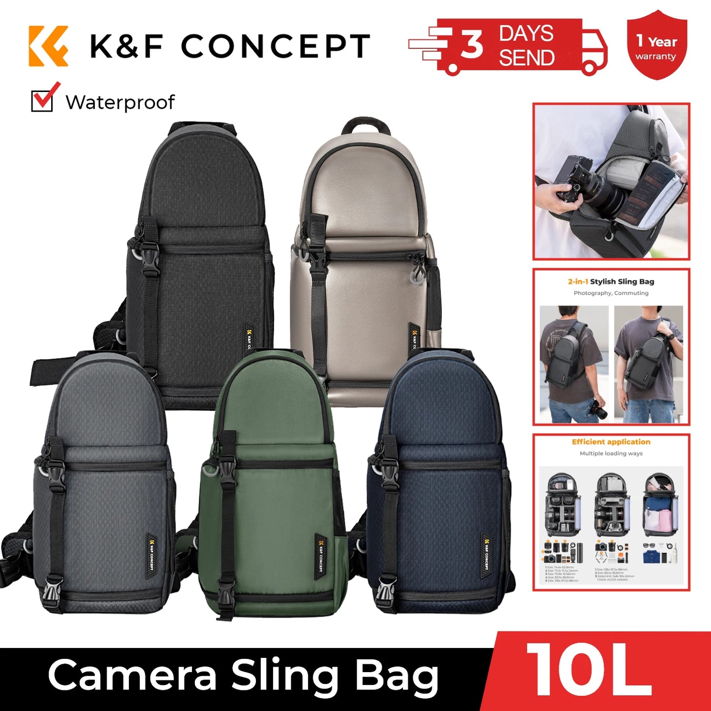 K&F Concept Camera Bag Photography DSLR Camera Case 10L Waterproof Camera Sling Outdoor Hiking Shoulder Bag for Men Women Travel