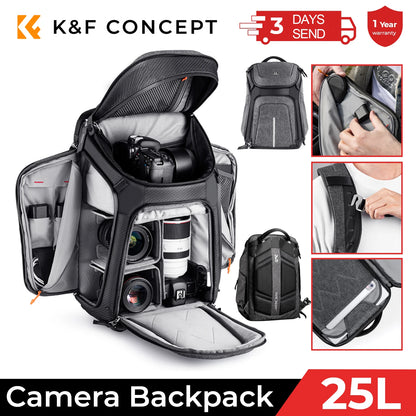 K&F Concept 15.6"Laptop & Tripod Photography Bag for Canon Sony Nikon DSLR/SLR Camera Travel 25L Double Shoulder Camera Backpack